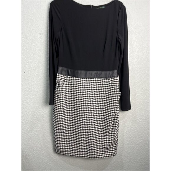 Ralph Lauren Dresses & Skirts - Lauren Ralph Lauren Dress Womens 8 Houndstooth Knit Long Sleeve Leather Pockets